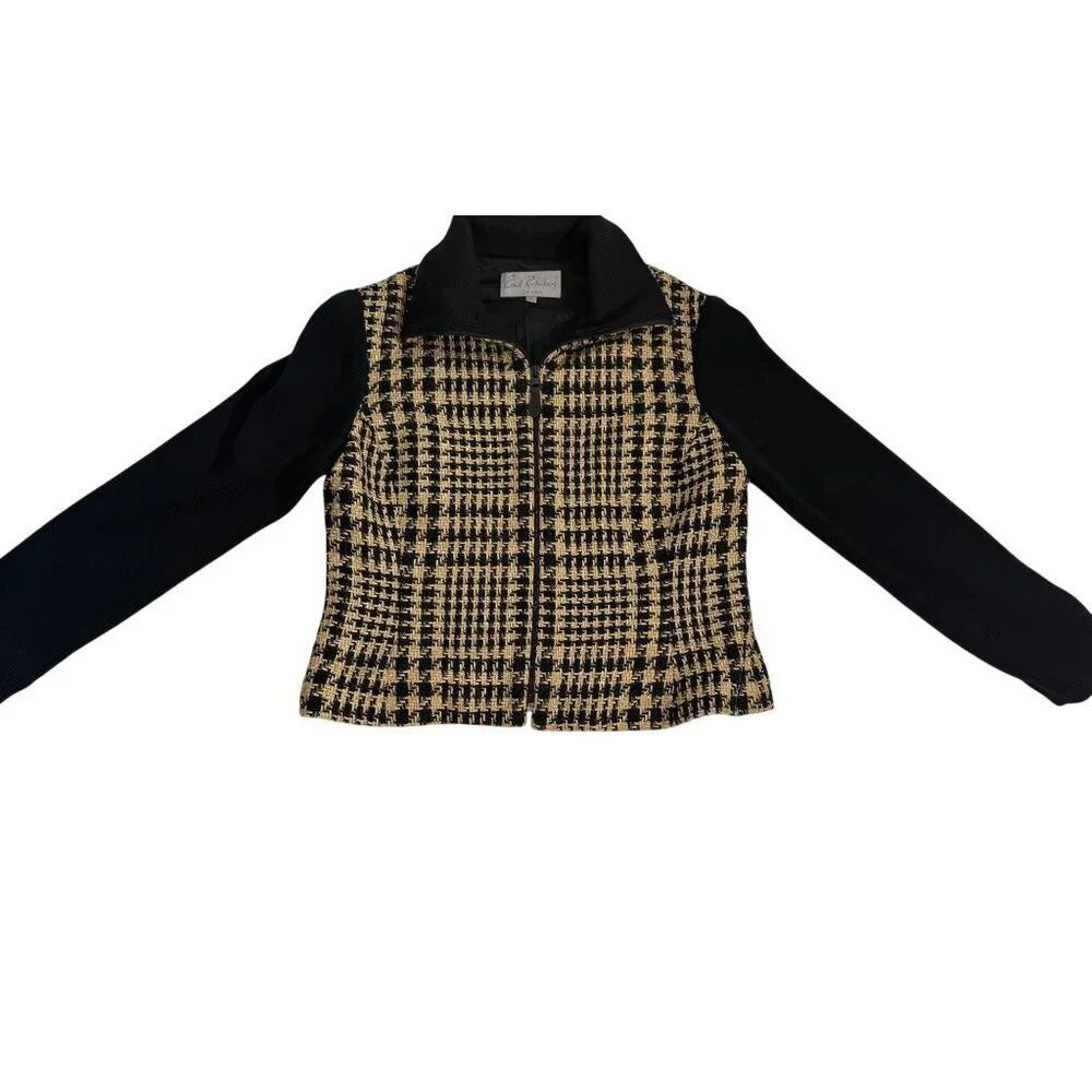 Vintage Emil‎ Rutenburg Womens Houndstooth Cardigan Jacket Black & Camel Size L